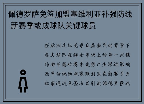 佩德罗萨免签加盟塞维利亚补强防线 新赛季或成球队关键球员
