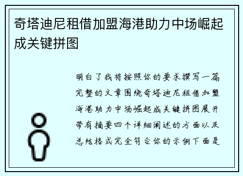 奇塔迪尼租借加盟海港助力中场崛起成关键拼图